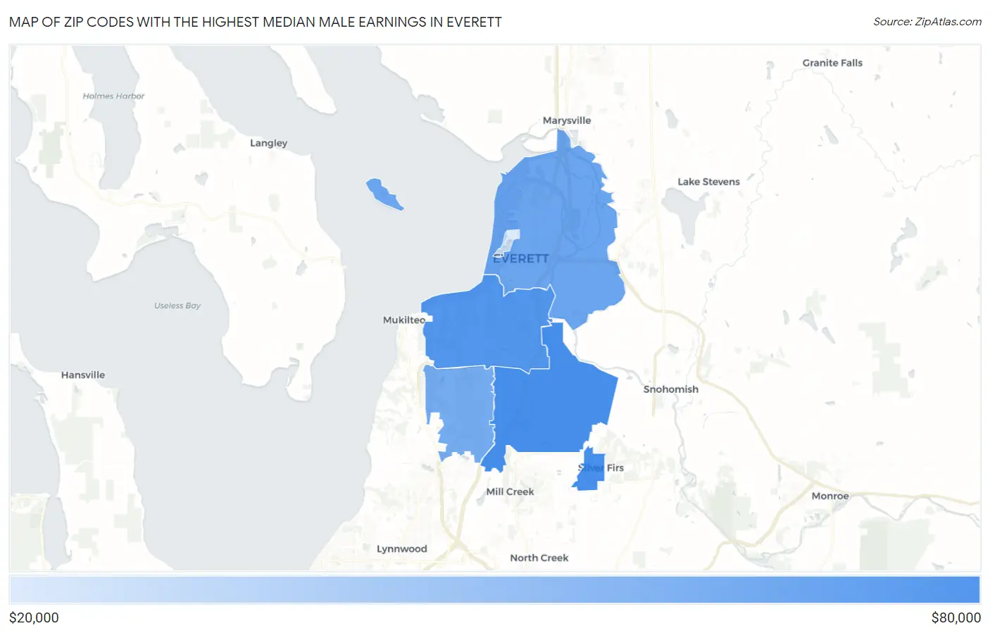 Zip Codes with the Highest Median Male Earnings in Everett Map