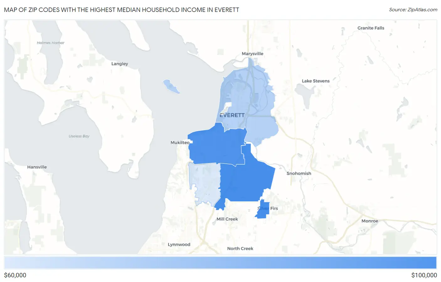Zip Codes with the Highest Median Household Income in Everett Map