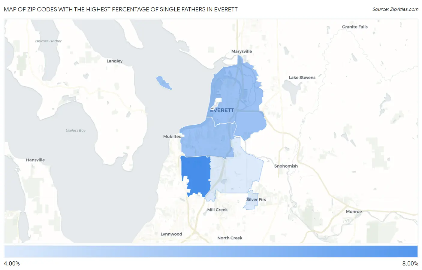 Zip Codes with the Highest Percentage of Single Fathers in Everett Map