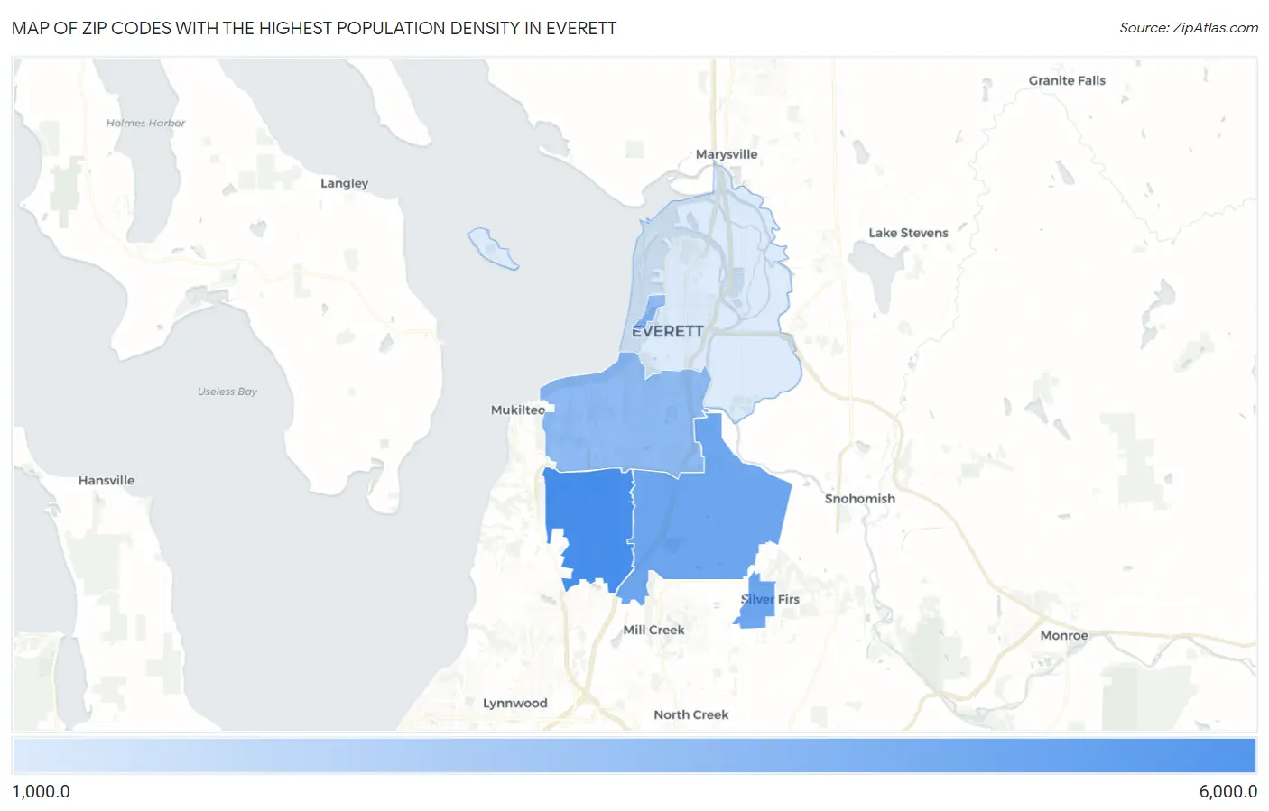 Zip Codes with the Highest Population Density in Everett Map