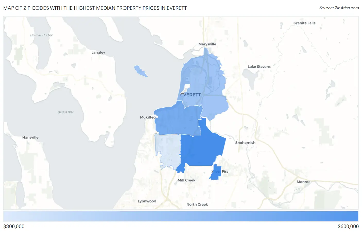 Zip Codes with the Highest Median Property Prices in Everett Map
