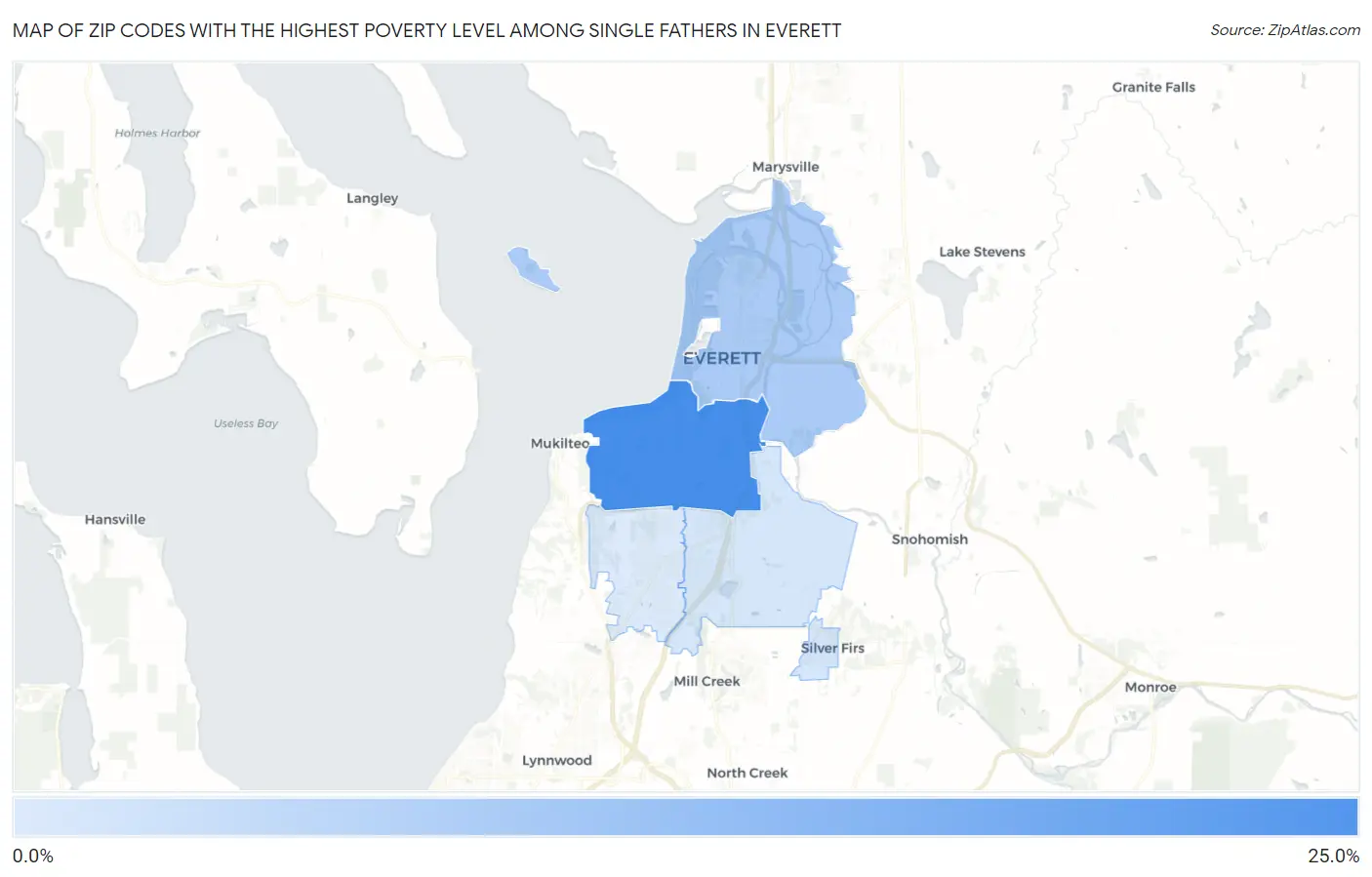 Zip Codes with the Highest Poverty Level Among Single Fathers in Everett Map