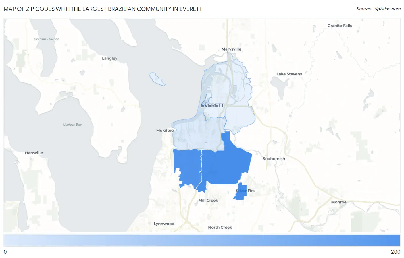 Zip Codes with the Largest Brazilian Community in Everett Map