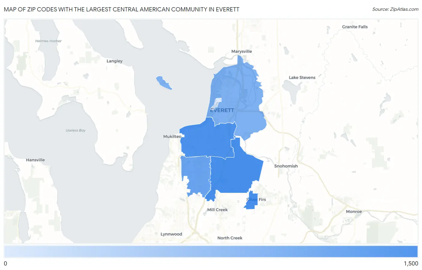 Zip Codes with the Largest Central American Community in Everett Map