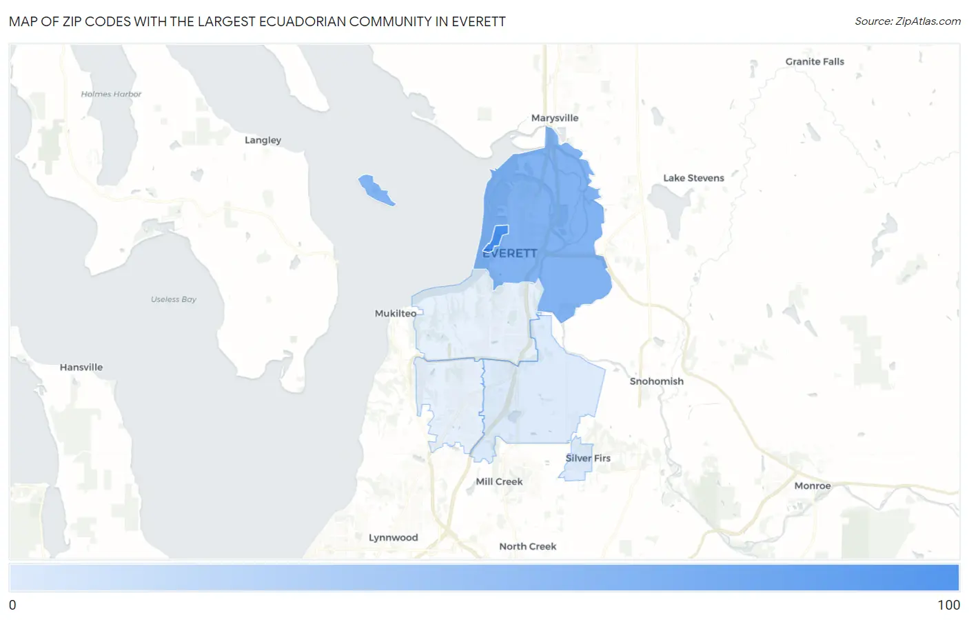 Zip Codes with the Largest Ecuadorian Community in Everett Map