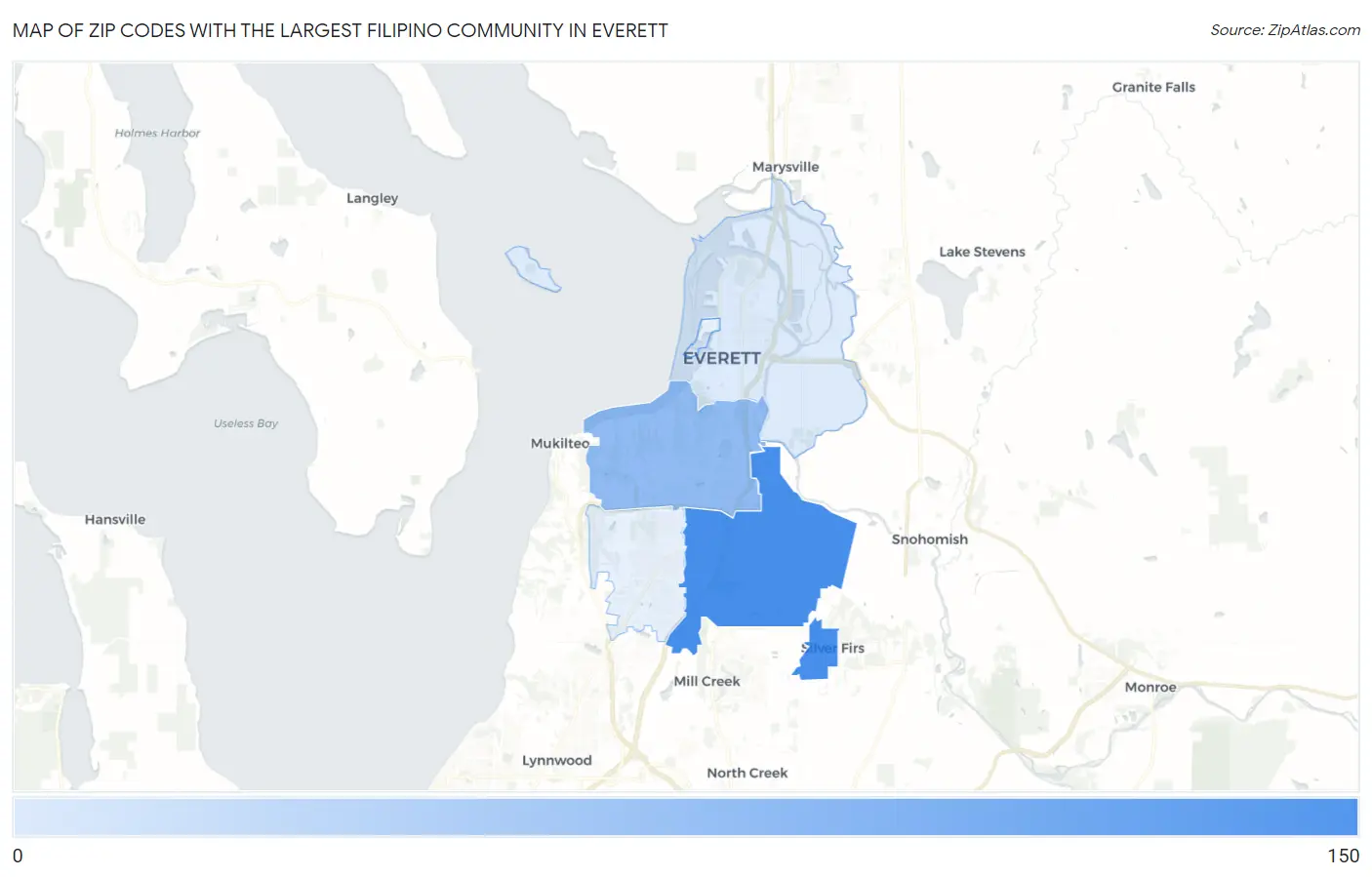 Zip Codes with the Largest Filipino Community in Everett Map