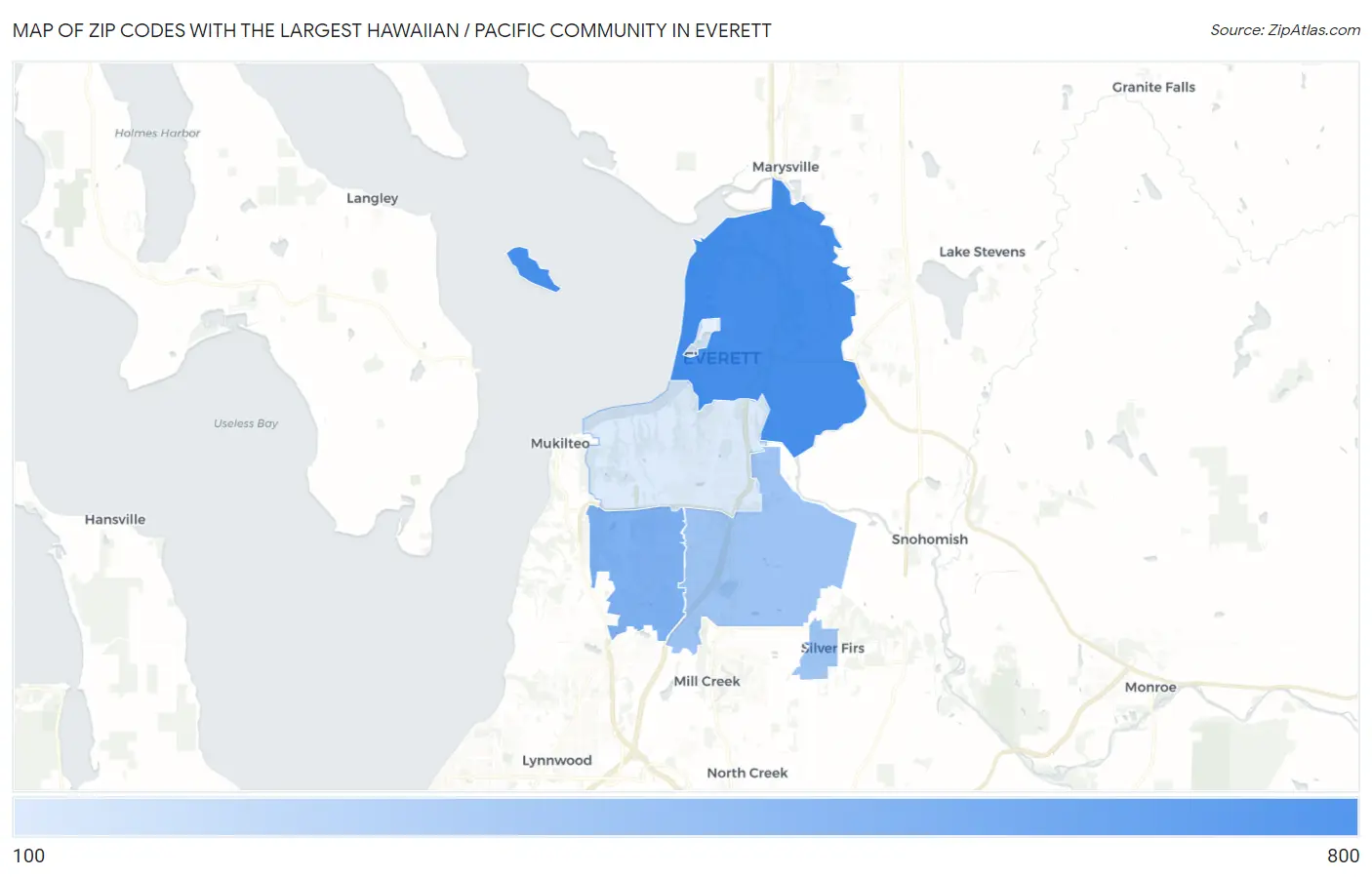 Zip Codes with the Largest Hawaiian / Pacific Community in Everett Map