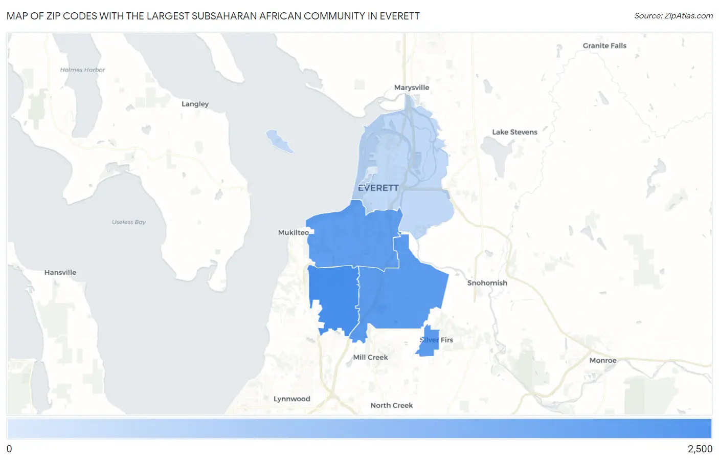 Zip Codes with the Largest Subsaharan African Community in Everett Map