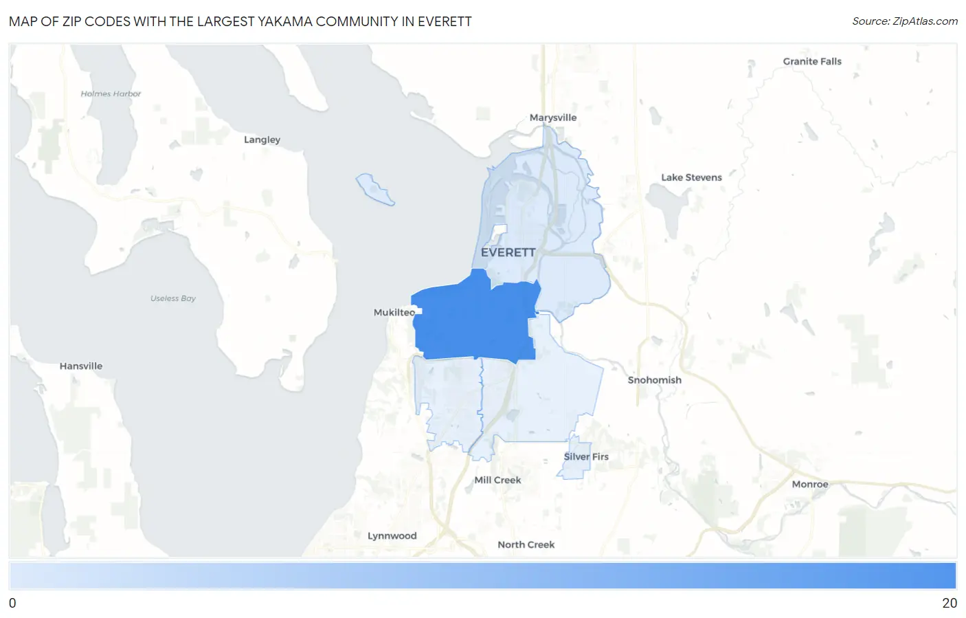 Zip Codes with the Largest Yakama Community in Everett Map