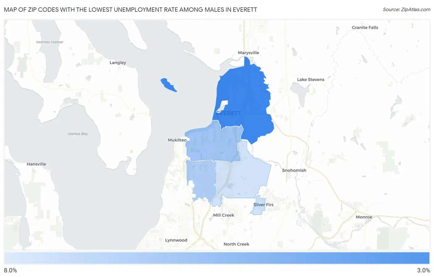 Zip Codes with the Lowest Unemployment Rate Among Males in Everett Map