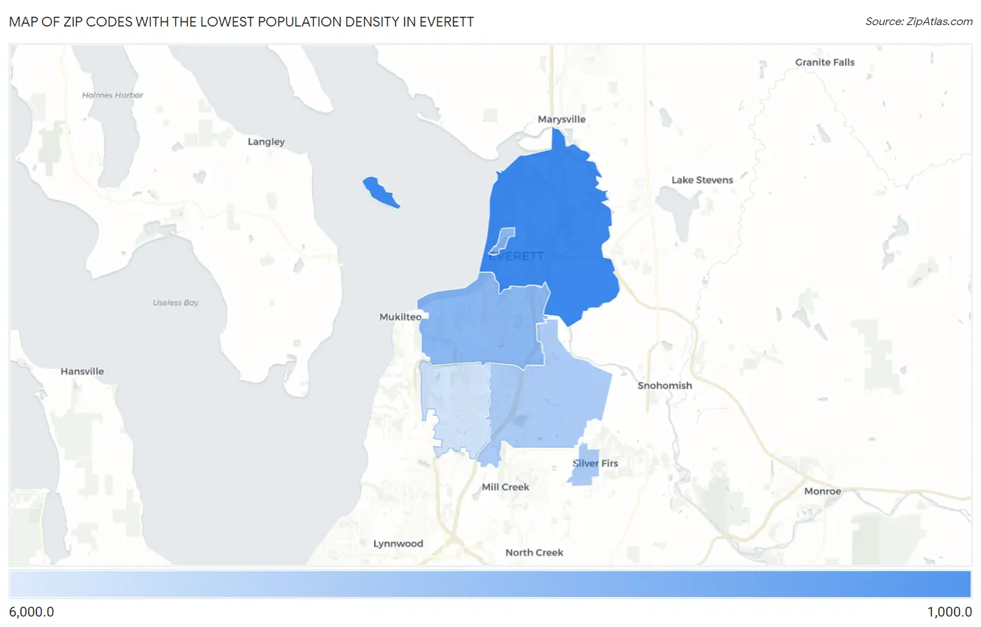 Zip Codes with the Lowest Population Density in Everett Map
