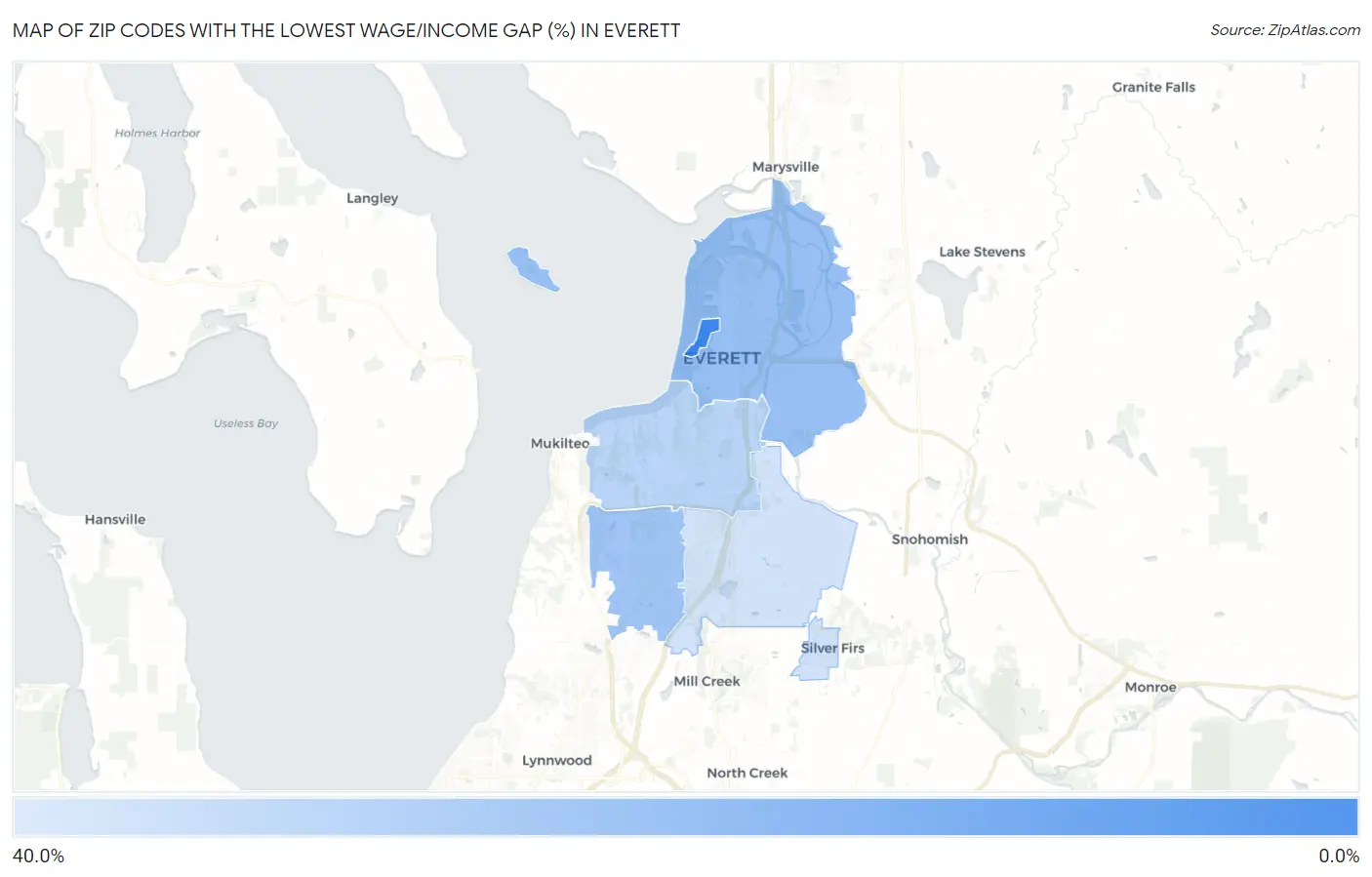 Zip Codes with the Lowest Wage/Income Gap (%) in Everett Map