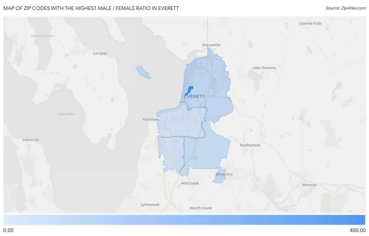 Zip Codes with the Highest Male / Female Ratio in Everett Map