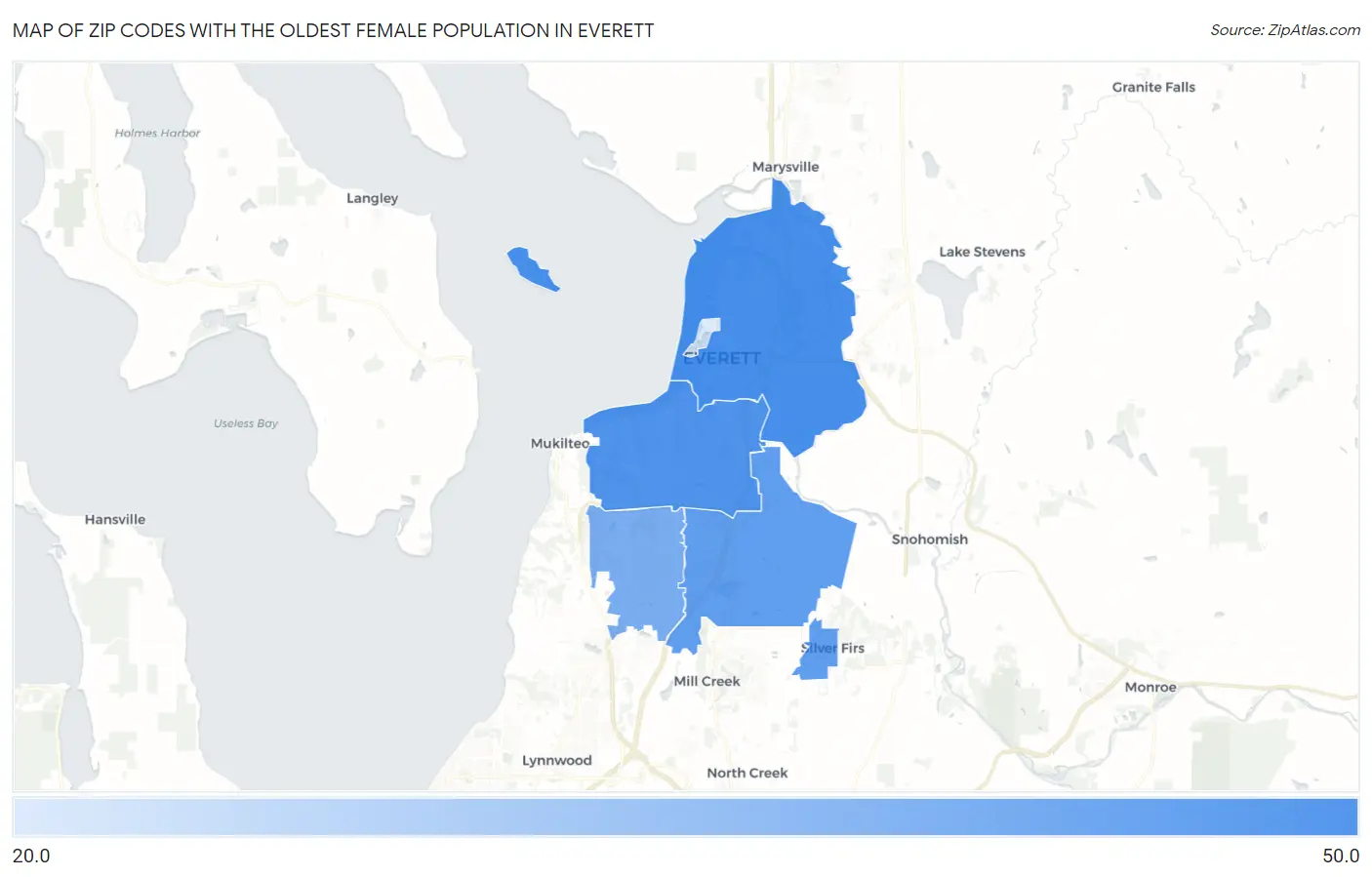 Zip Codes with the Oldest Female Population in Everett Map