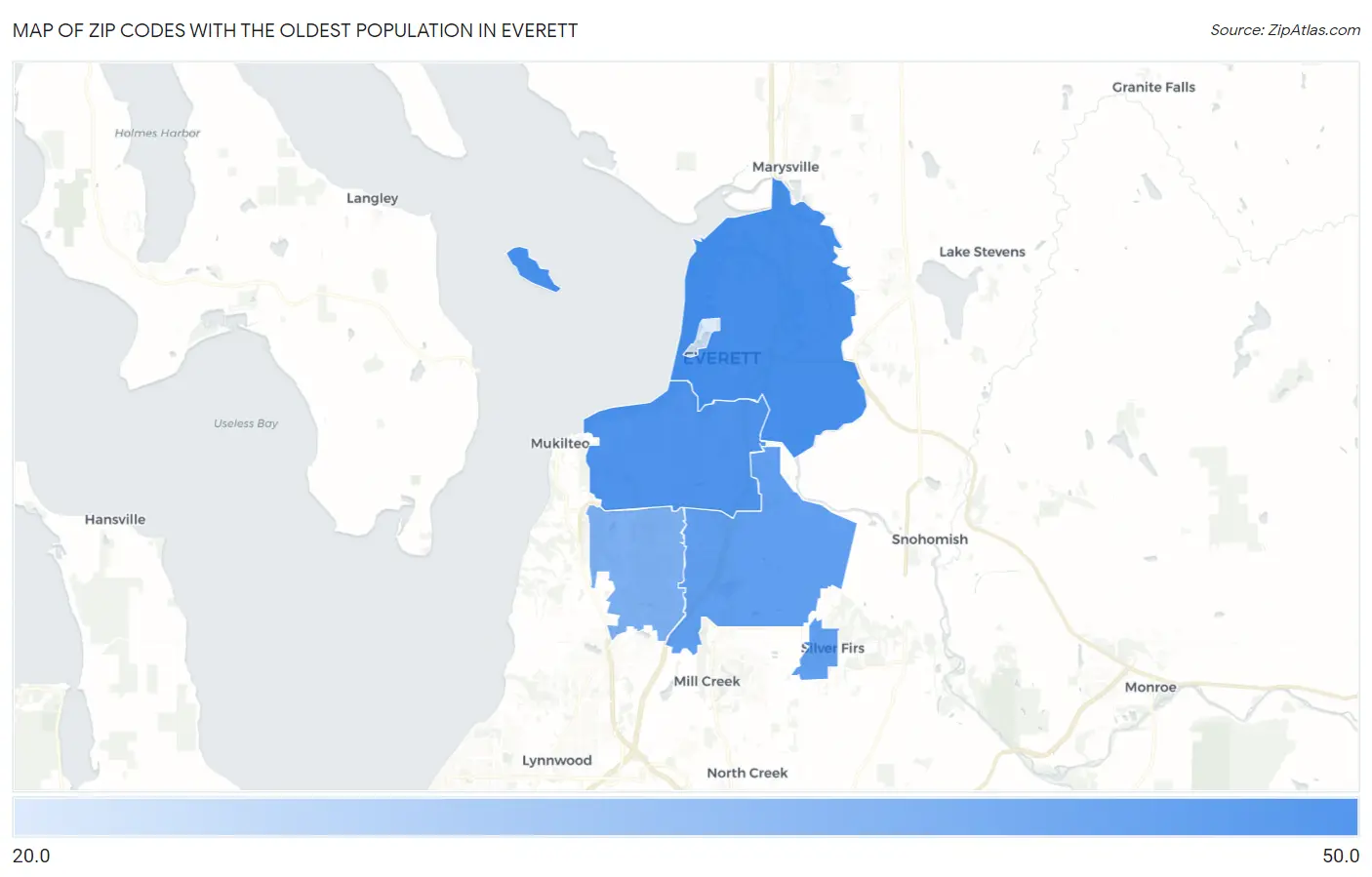 Zip Codes with the Oldest Population in Everett Map