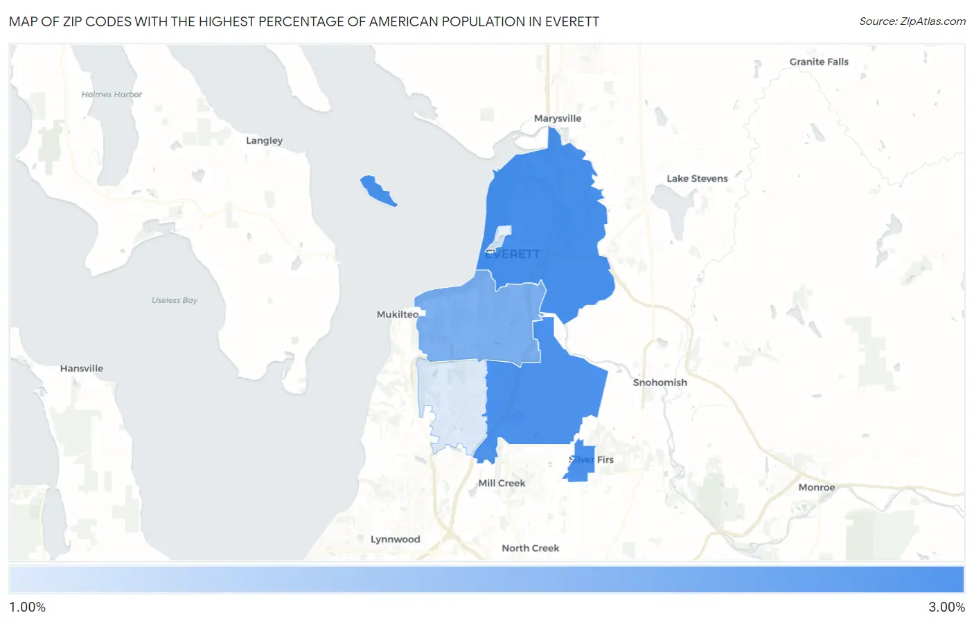 Zip Codes with the Highest Percentage of American Population in Everett Map