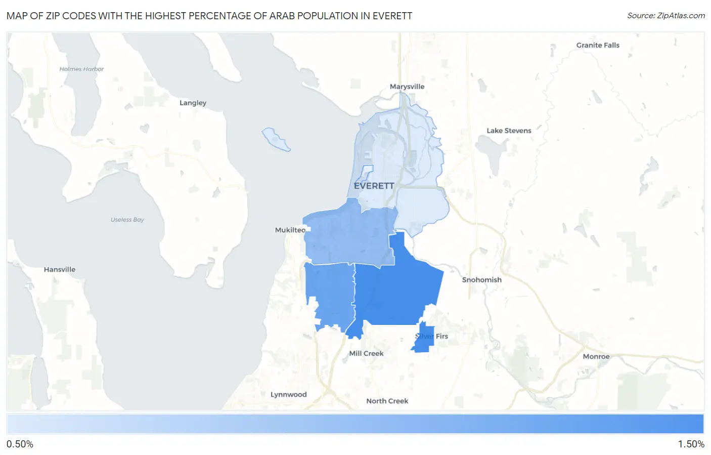 Zip Codes with the Highest Percentage of Arab Population in Everett Map