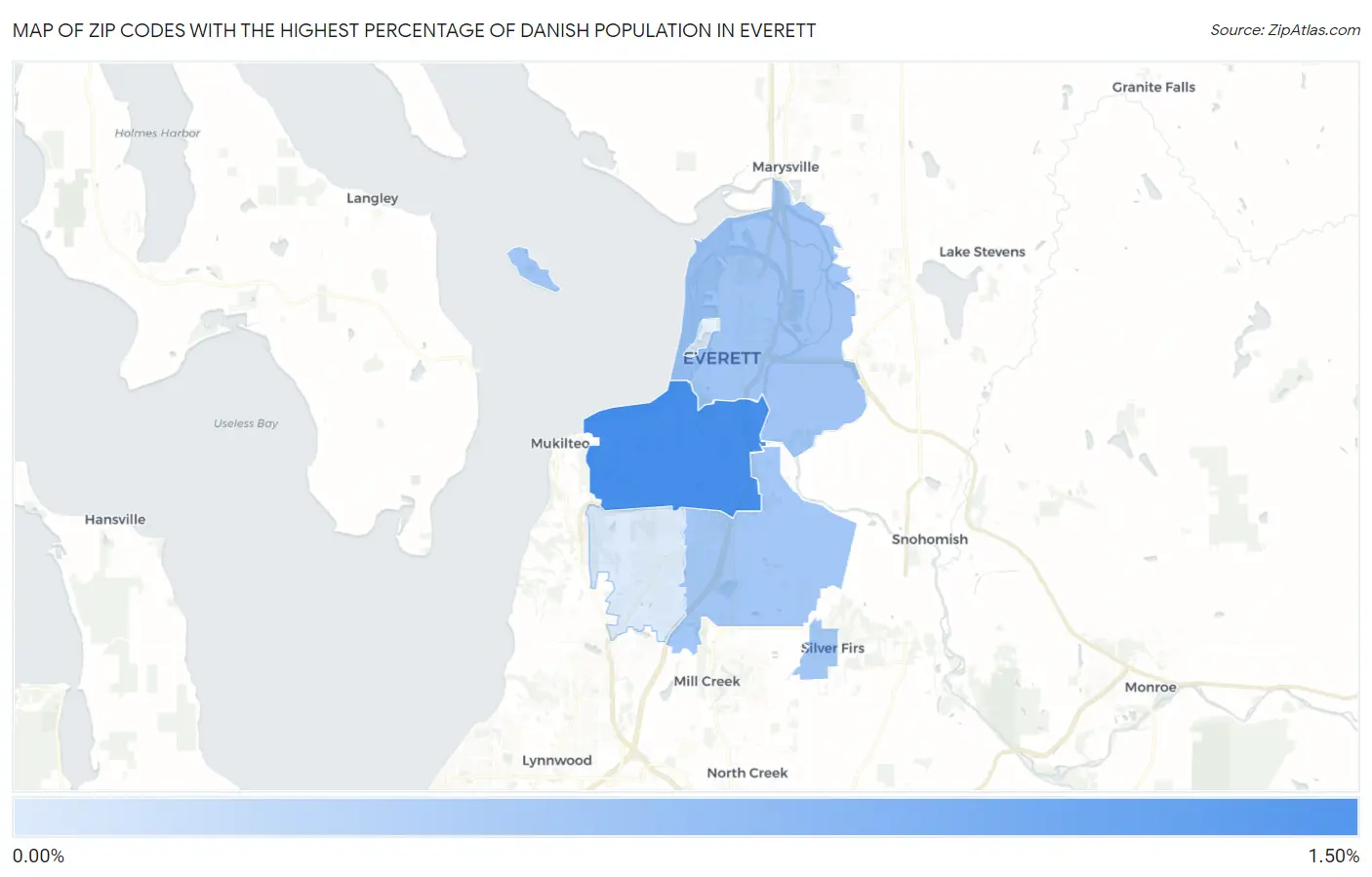 Zip Codes with the Highest Percentage of Danish Population in Everett Map