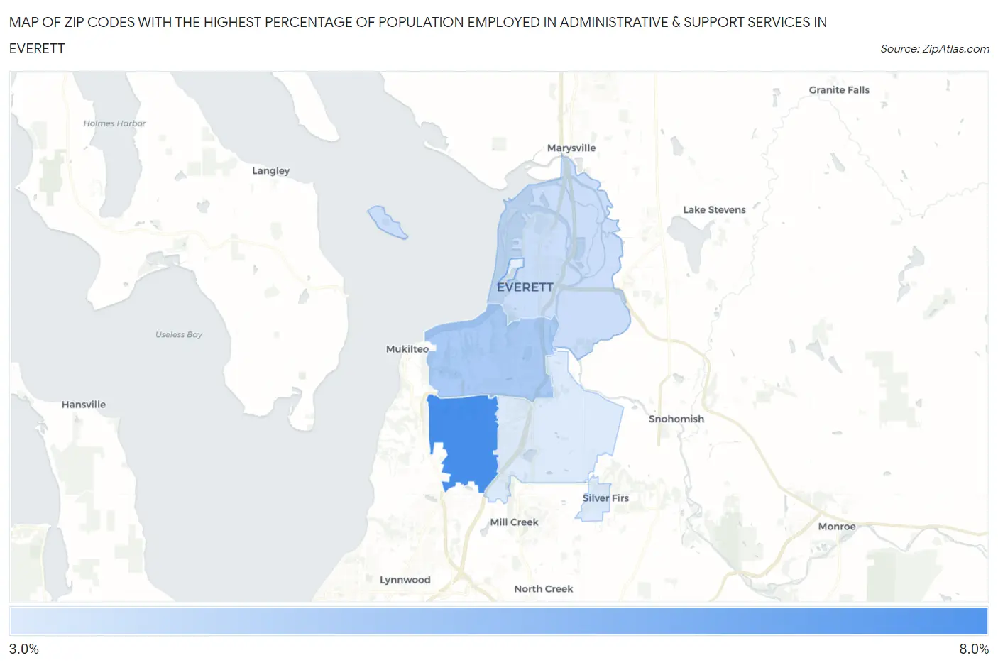 Zip Codes with the Highest Percentage of Population Employed in Administrative & Support Services in Everett Map
