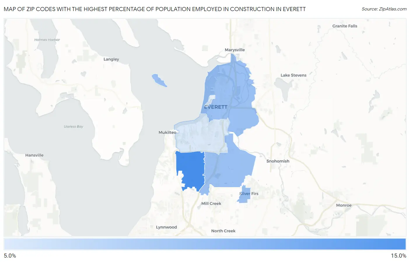 Zip Codes with the Highest Percentage of Population Employed in Construction in Everett Map