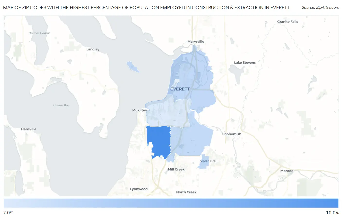 Zip Codes with the Highest Percentage of Population Employed in Construction & Extraction in Everett Map