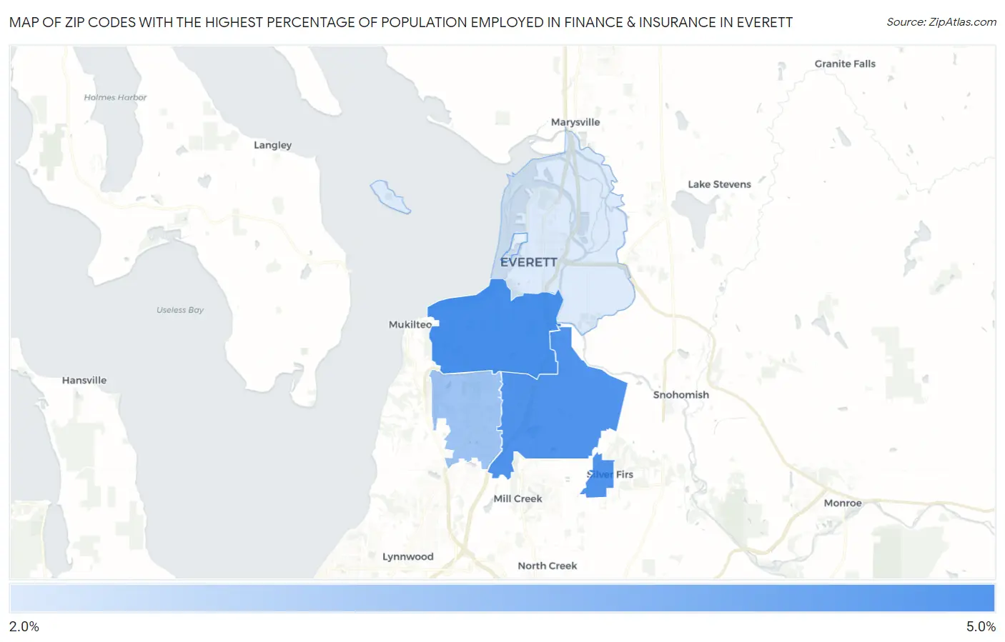 Zip Codes with the Highest Percentage of Population Employed in Finance & Insurance in Everett Map