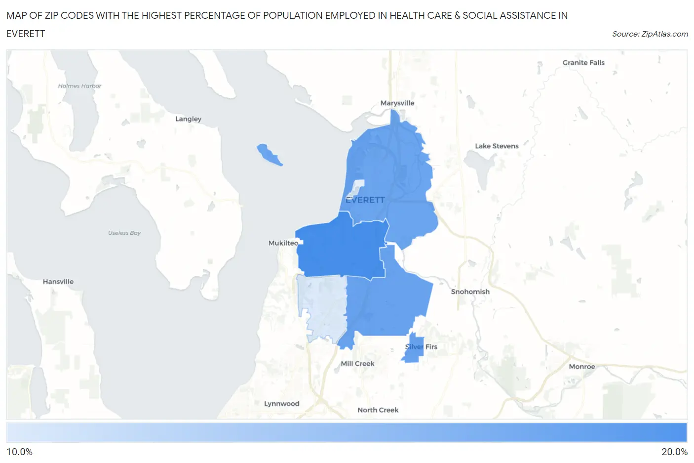 Zip Codes with the Highest Percentage of Population Employed in Health Care & Social Assistance in Everett Map