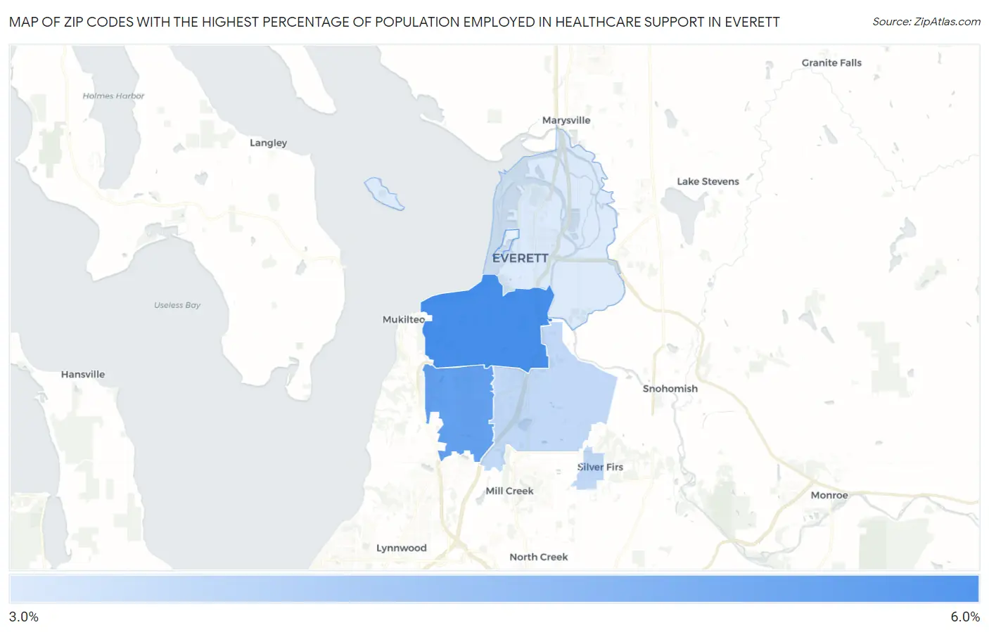 Zip Codes with the Highest Percentage of Population Employed in Healthcare Support in Everett Map