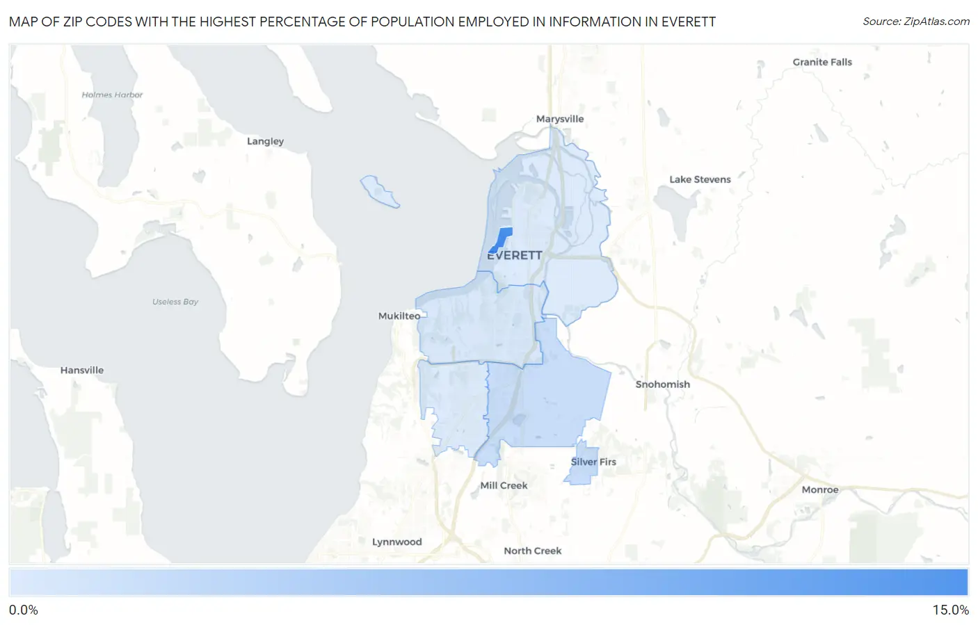 Zip Codes with the Highest Percentage of Population Employed in Information in Everett Map
