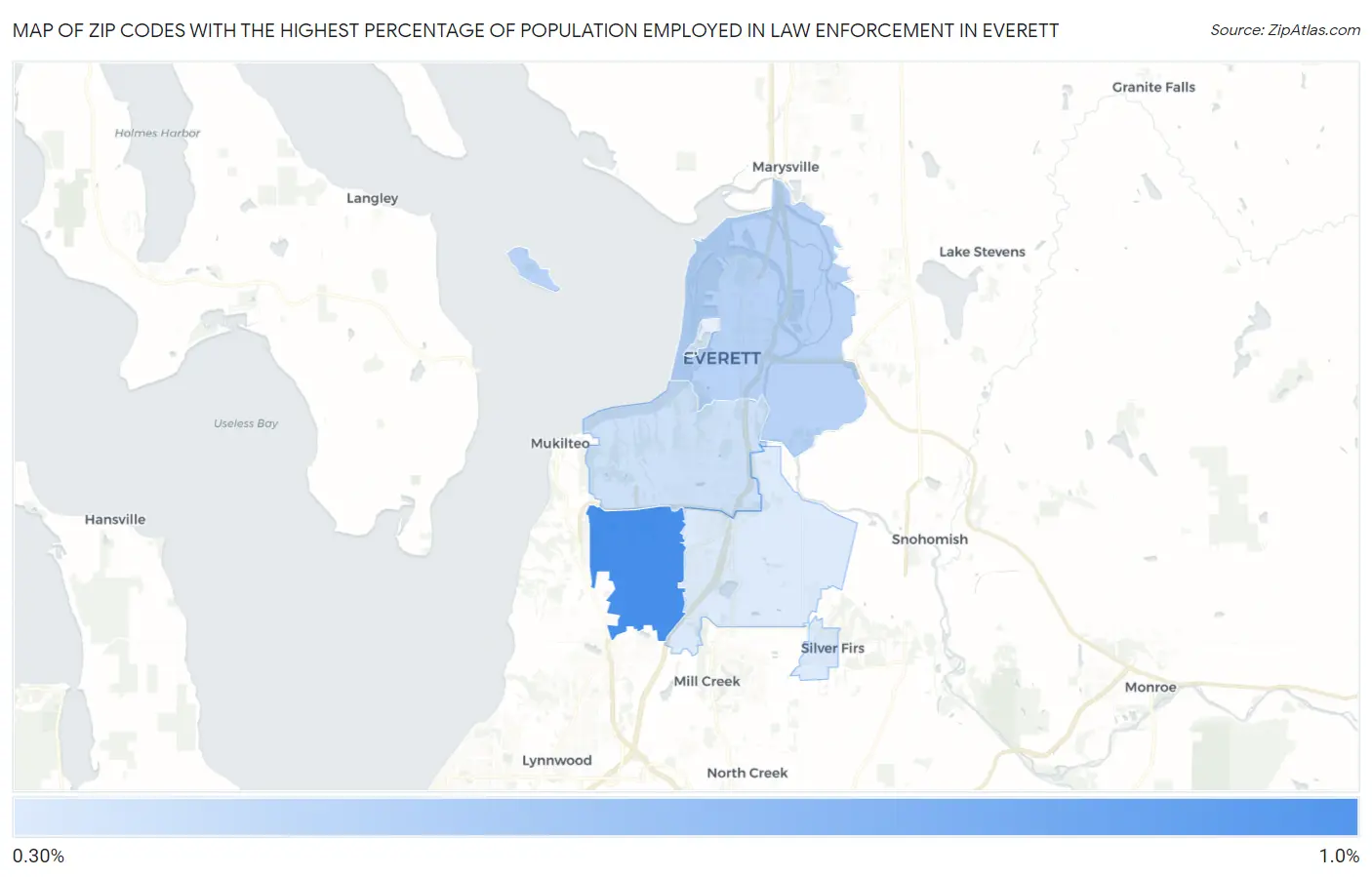 Zip Codes with the Highest Percentage of Population Employed in Law Enforcement in Everett Map