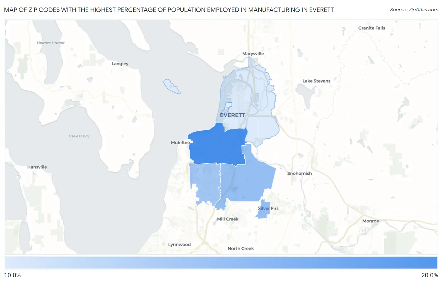 Zip Codes with the Highest Percentage of Population Employed in Manufacturing in Everett Map