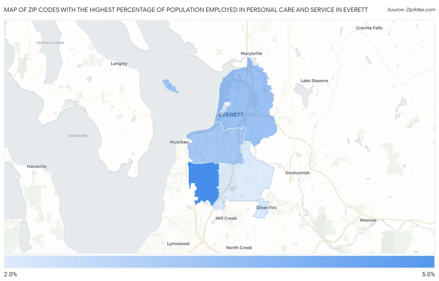 Zip Codes with the Highest Percentage of Population Employed in Personal Care and Service in Everett Map