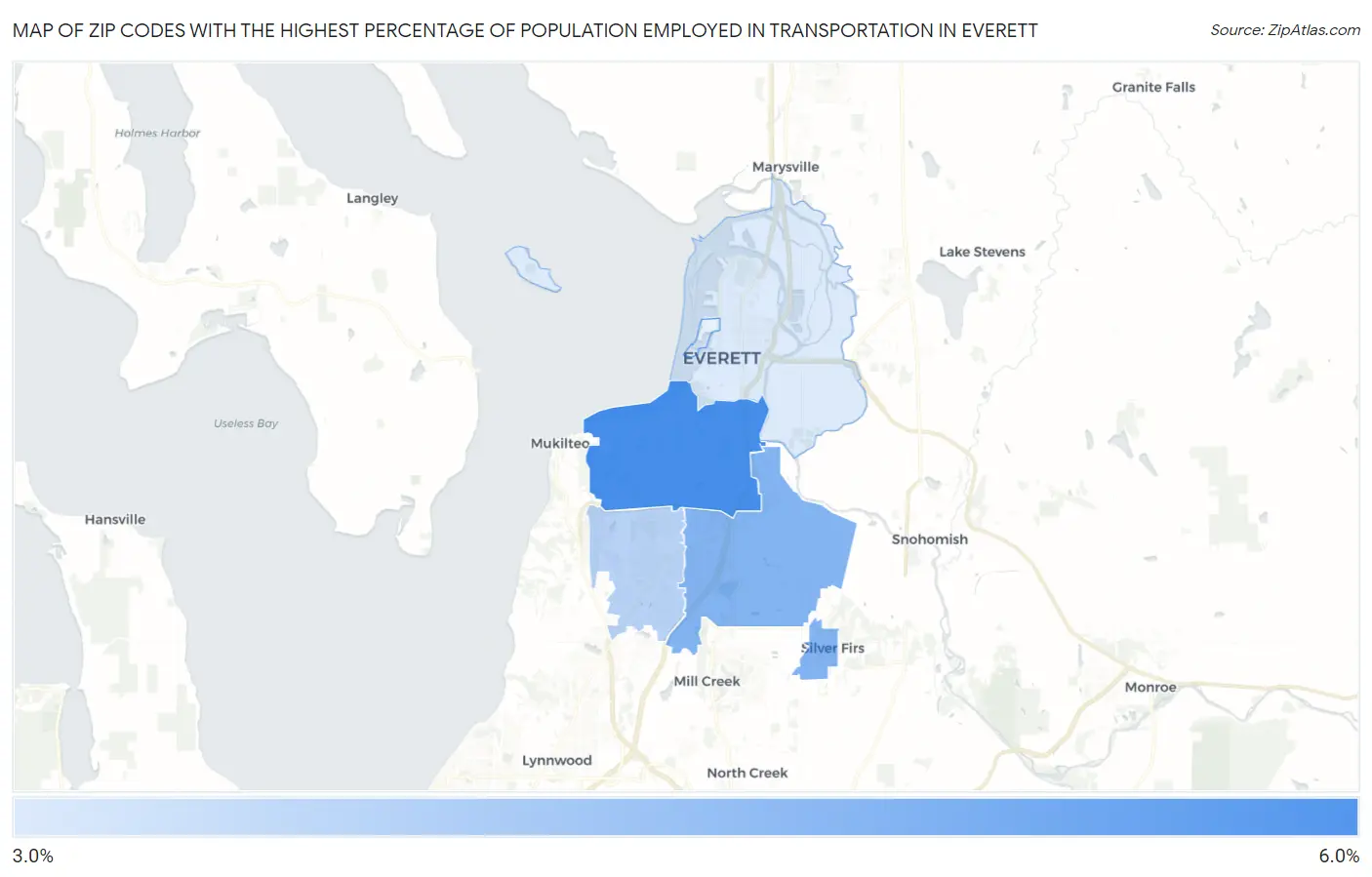 Zip Codes with the Highest Percentage of Population Employed in Transportation in Everett Map