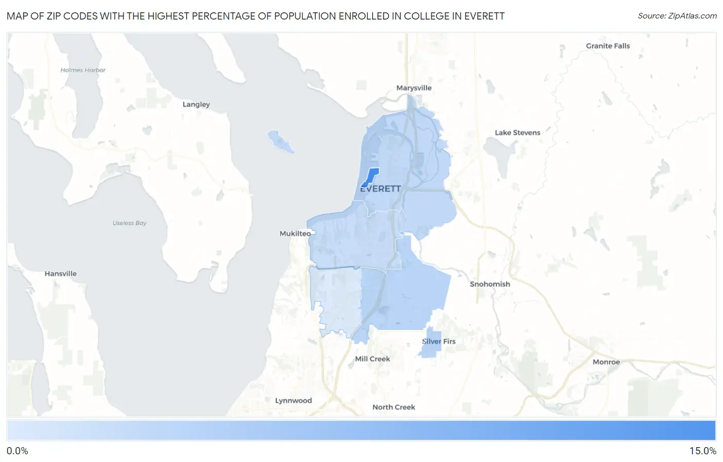 Zip Codes with the Highest Percentage of Population Enrolled in College in Everett Map