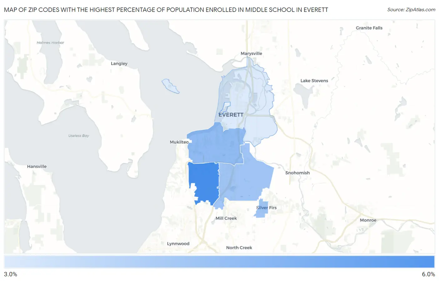 Zip Codes with the Highest Percentage of Population Enrolled in Middle School in Everett Map