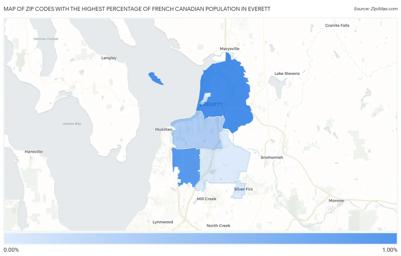 Zip Codes with the Highest Percentage of French Canadian Population in Everett Map