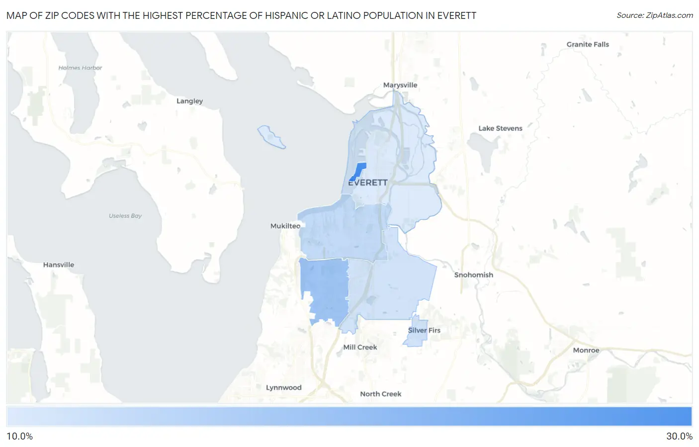 Zip Codes with the Highest Percentage of Hispanic or Latino Population in Everett Map