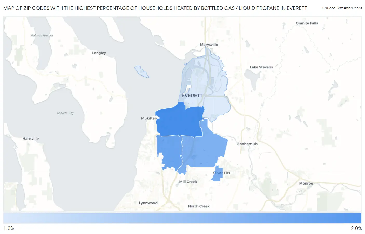 Zip Codes with the Highest Percentage of Households Heated by Bottled Gas / Liquid Propane in Everett Map
