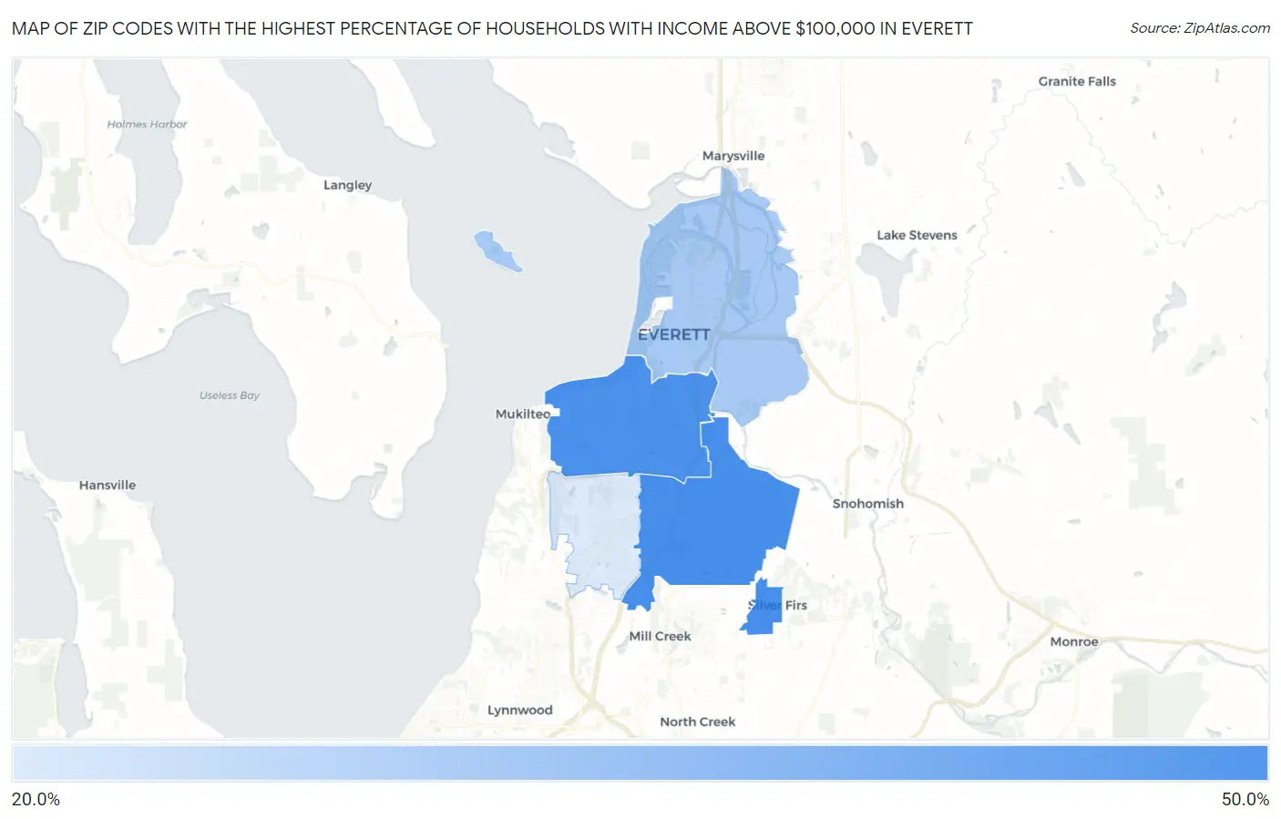 Zip Codes with the Highest Percentage of Households with Income Above $100,000 in Everett Map