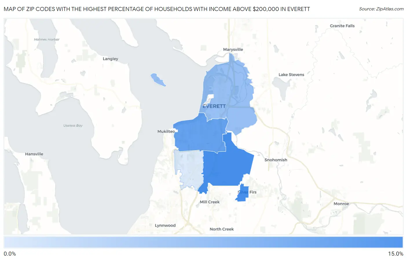 Zip Codes with the Highest Percentage of Households with Income Above $200,000 in Everett Map