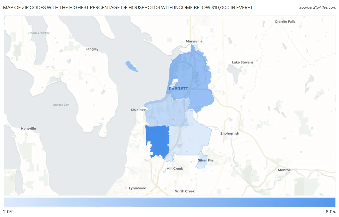 Zip Codes with the Highest Percentage of Households with Income Below $10,000 in Everett Map