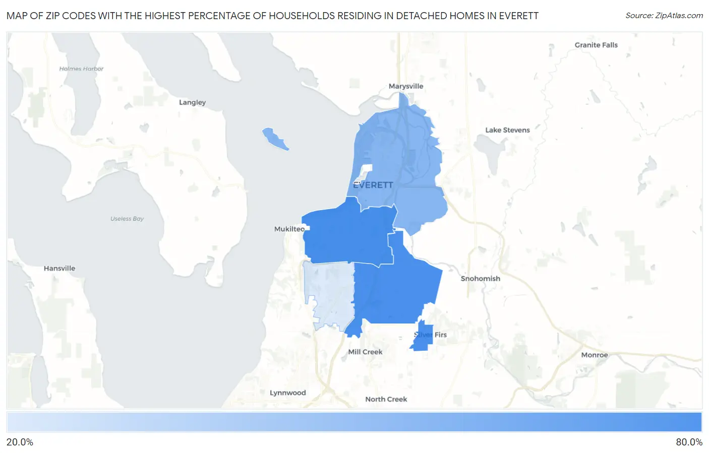 Zip Codes with the Highest Percentage of Households Residing in Detached Homes in Everett Map