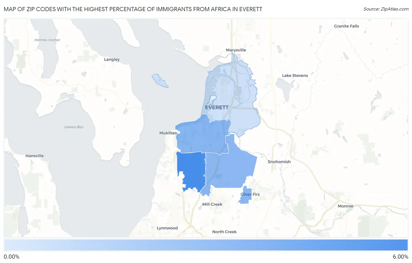 Zip Codes with the Highest Percentage of Immigrants from Africa in Everett Map