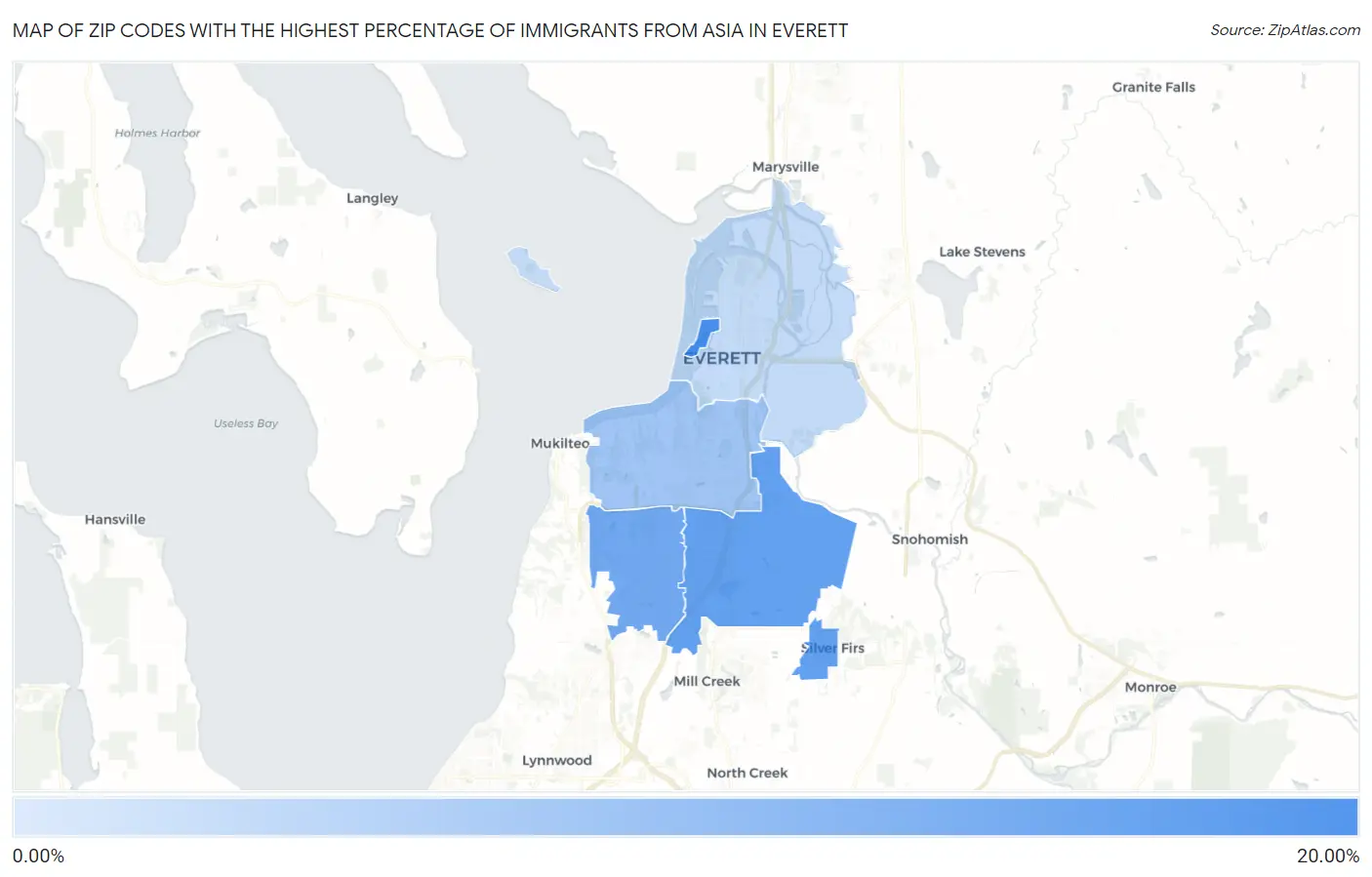 Zip Codes with the Highest Percentage of Immigrants from Asia in Everett Map