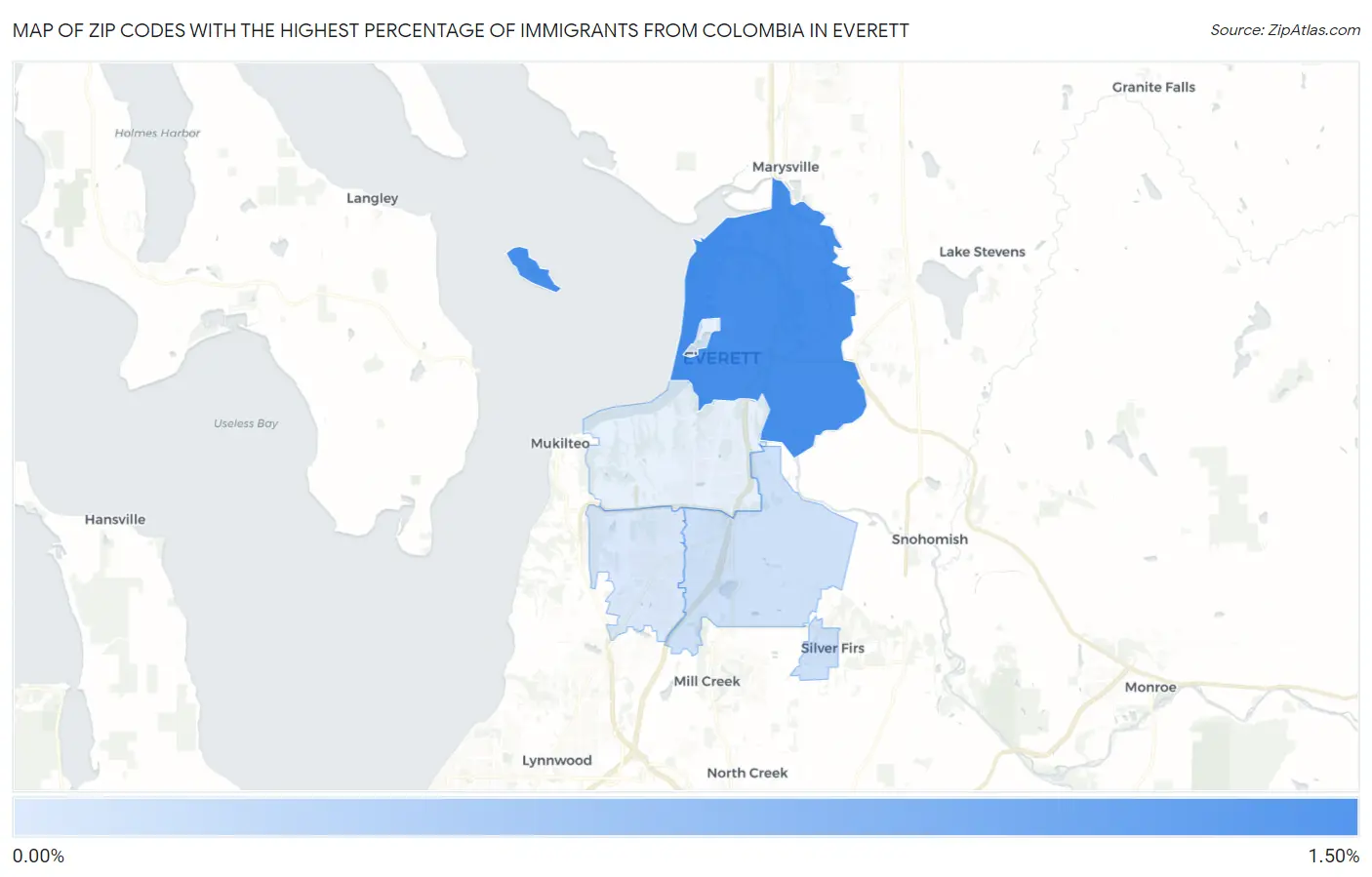 Zip Codes with the Highest Percentage of Immigrants from Colombia in Everett Map