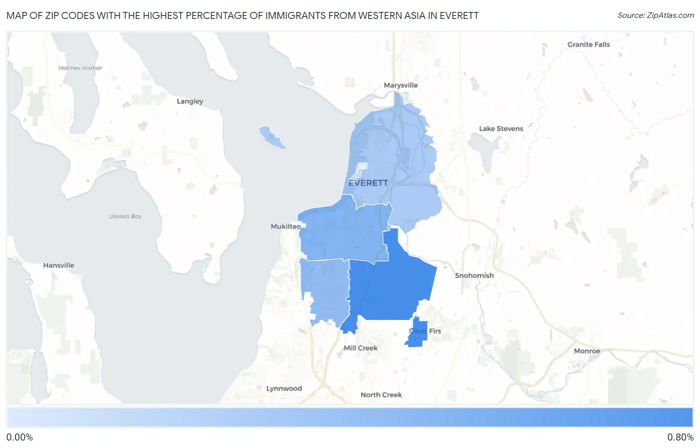 Zip Codes with the Highest Percentage of Immigrants from Western Asia in Everett Map