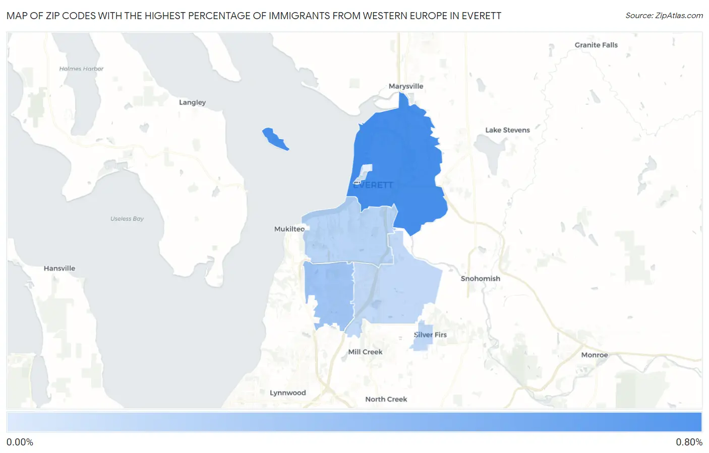 Zip Codes with the Highest Percentage of Immigrants from Western Europe in Everett Map