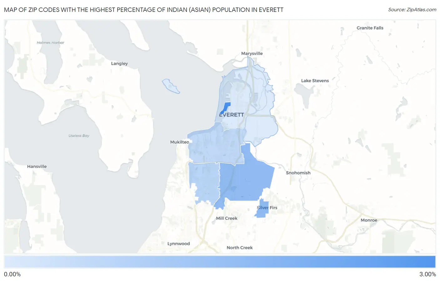 Zip Codes with the Highest Percentage of Indian (Asian) Population in Everett Map