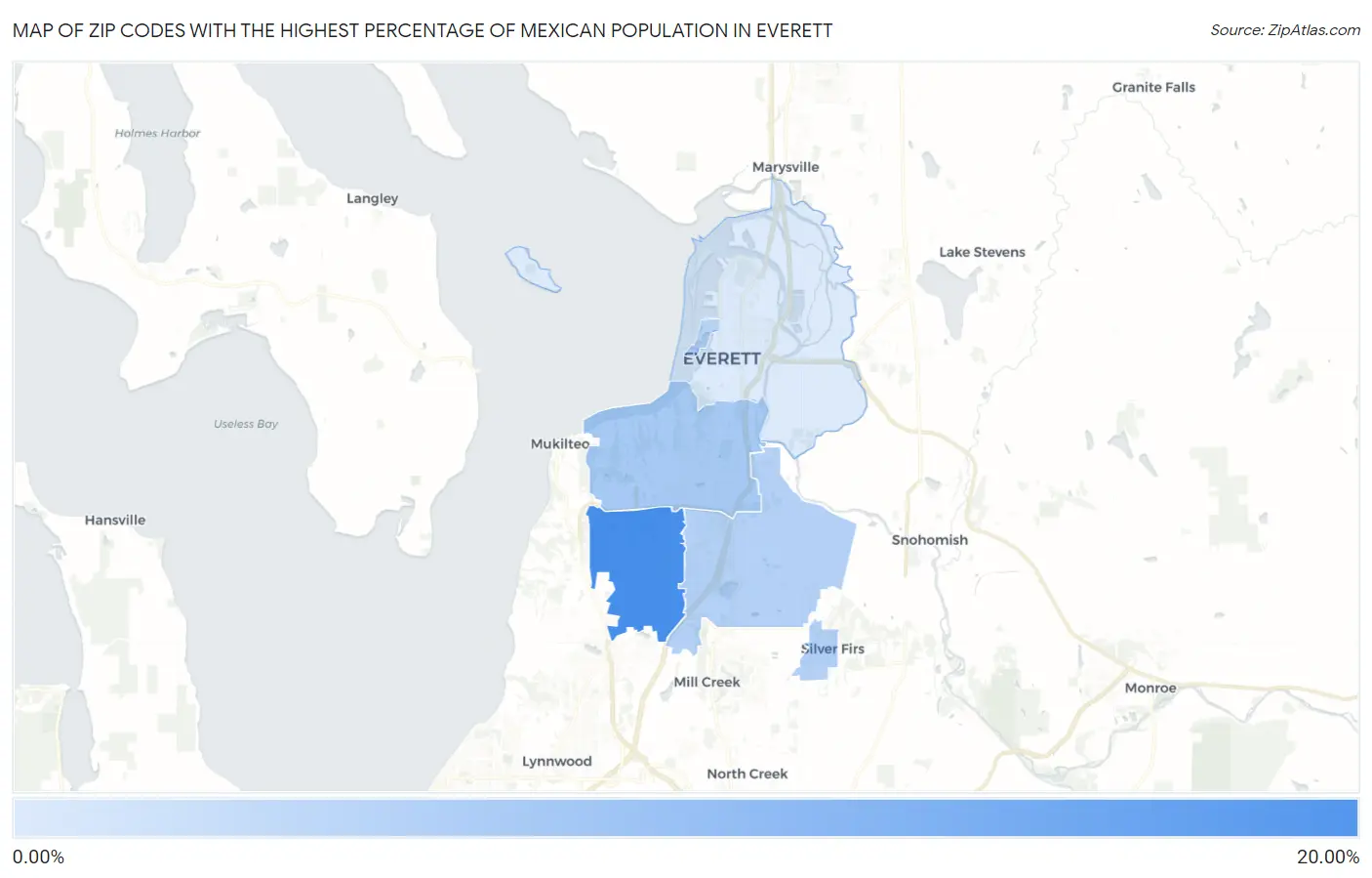 Zip Codes with the Highest Percentage of Mexican Population in Everett Map