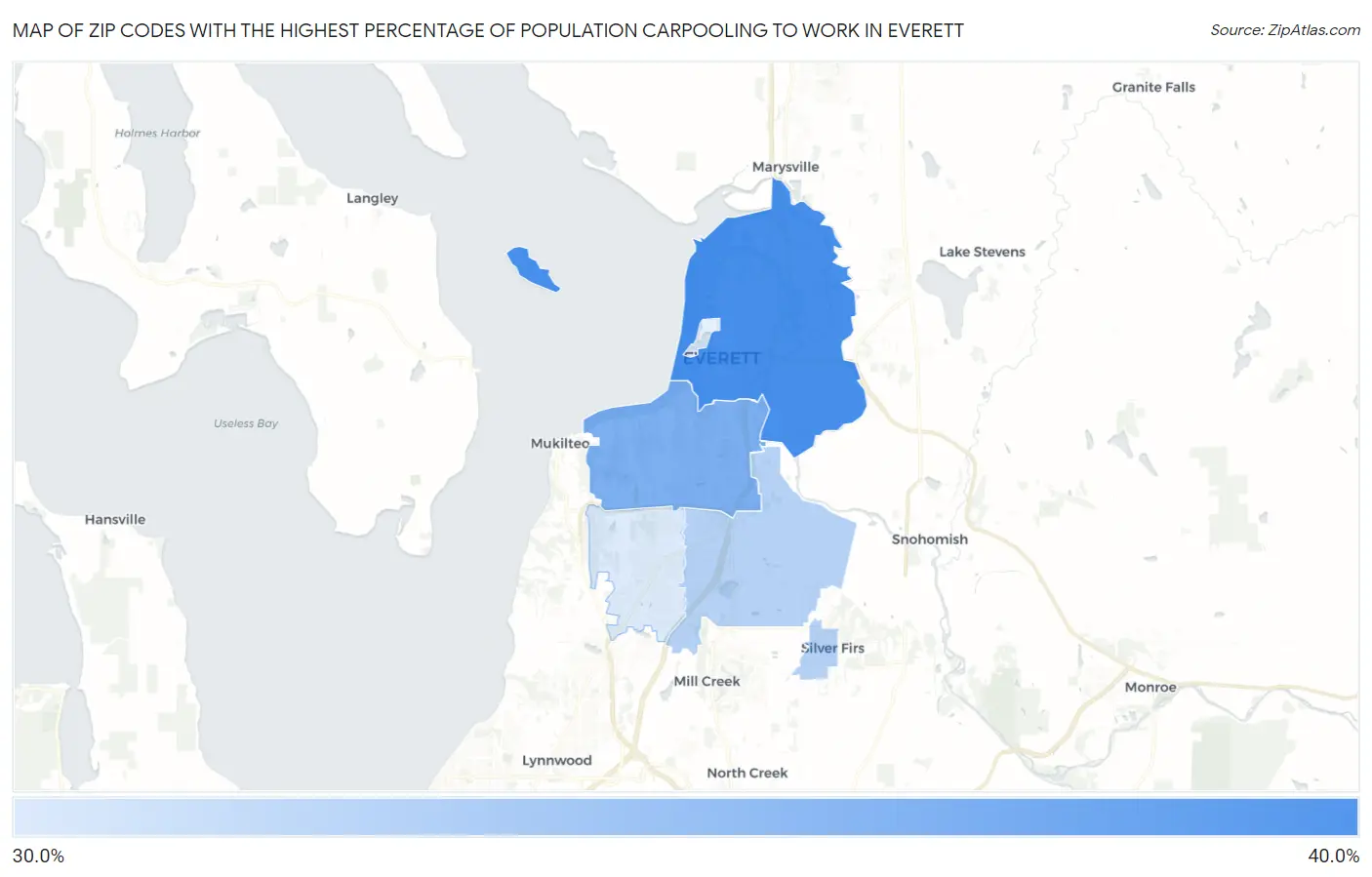 Zip Codes with the Highest Percentage of Population Carpooling to Work in Everett Map